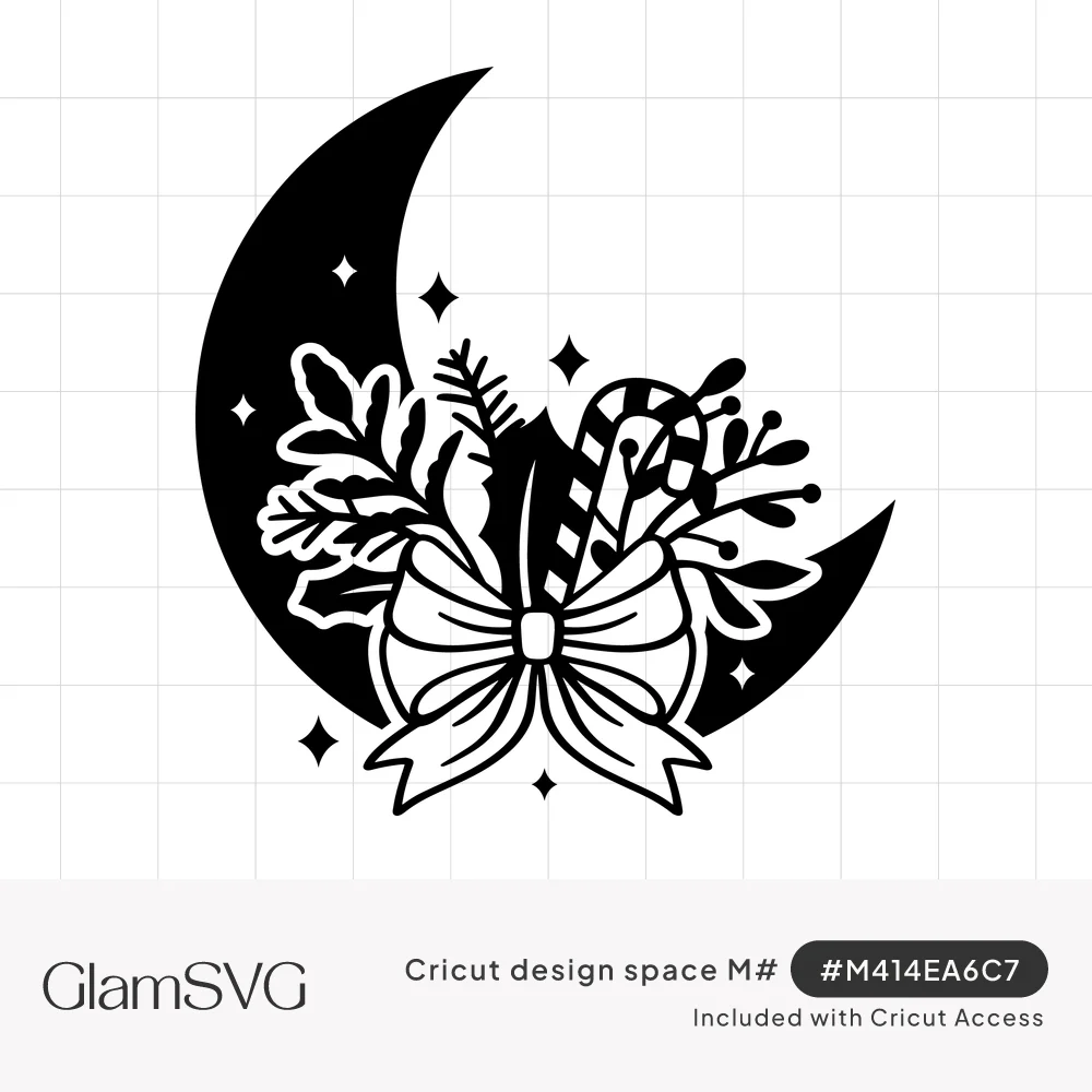 Black crescent moon holding holly, pine sprigs, berries and a candy cane tied with a ribbon bow, surrounded by small stars