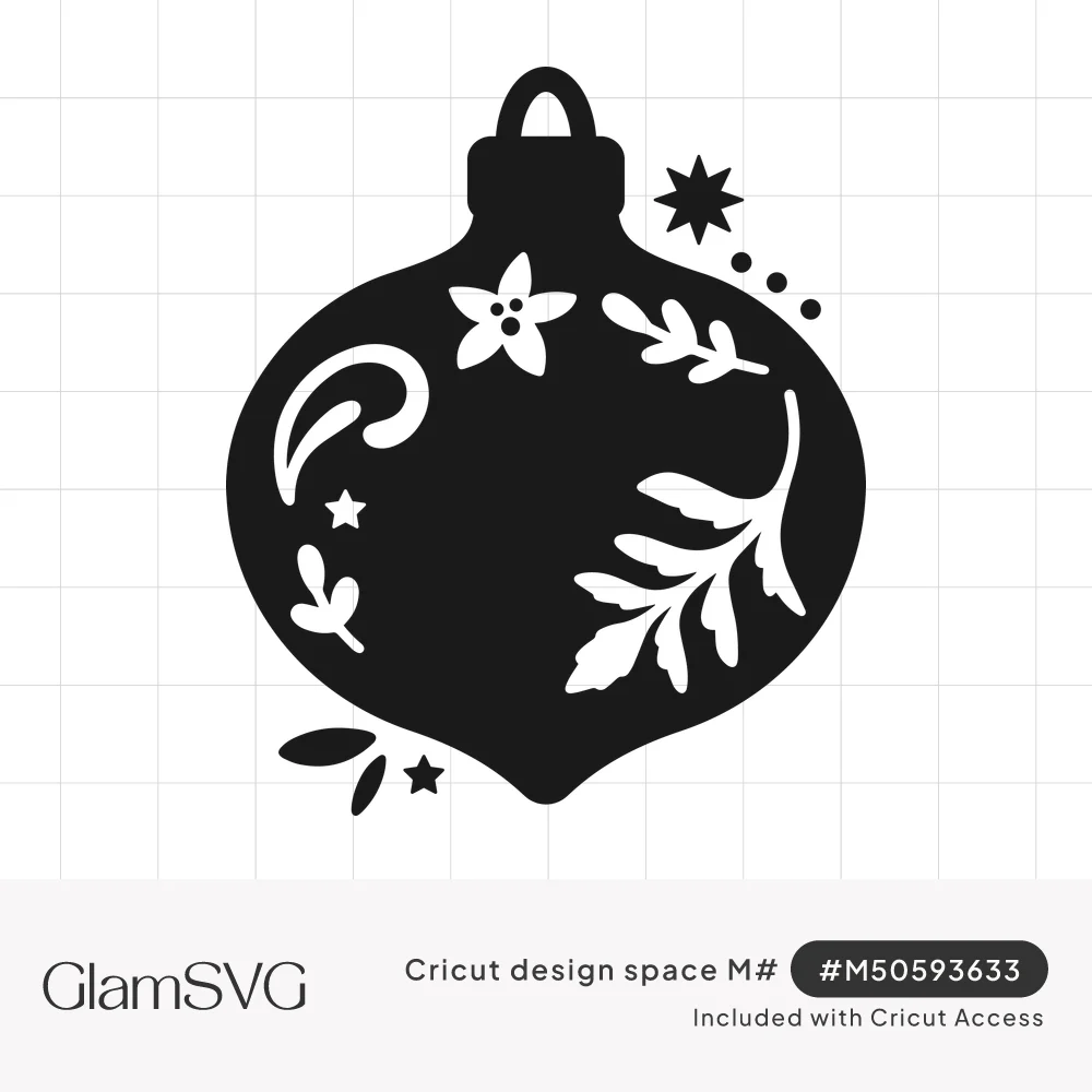 Black Christmas ornament silhouette with white cut-out leaves, star flower and stars, with sprigs and dots outside