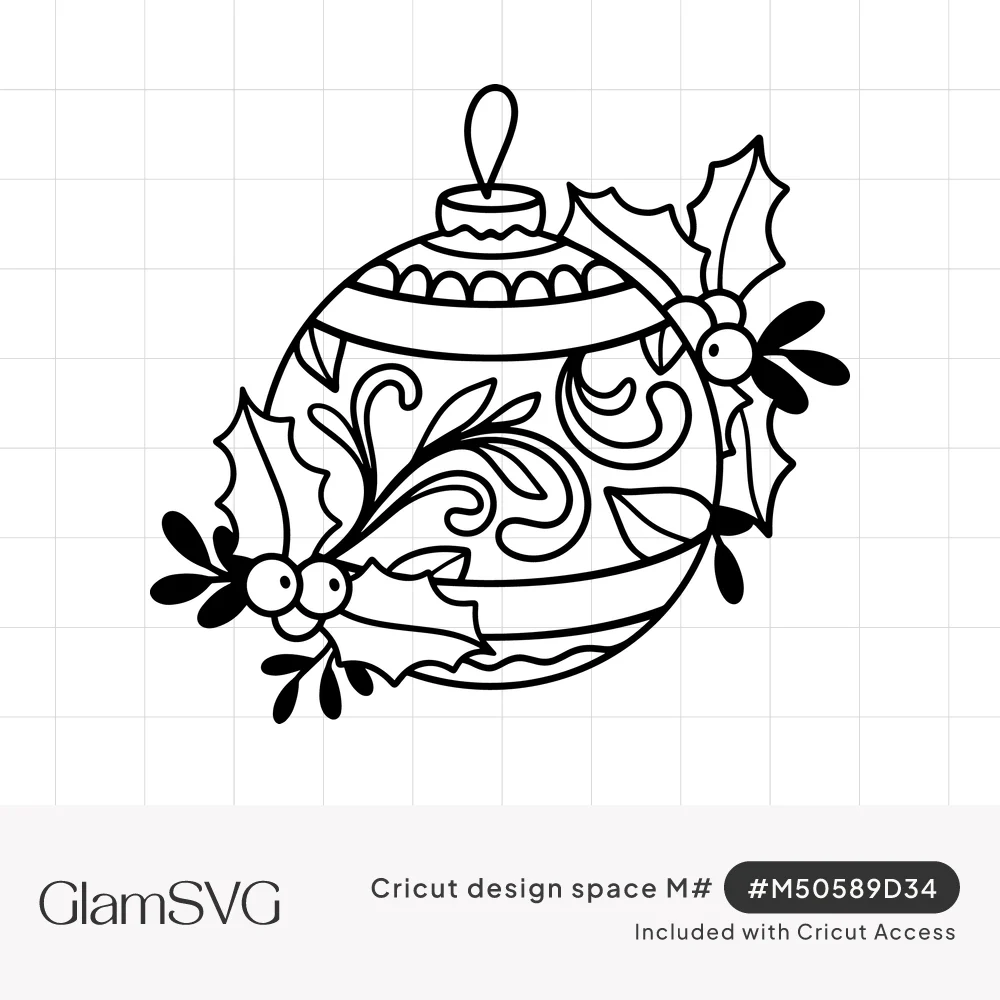 Black line drawing of a round Christmas ornament with swirl scrollwork, scalloped bands and holly leaves with berries