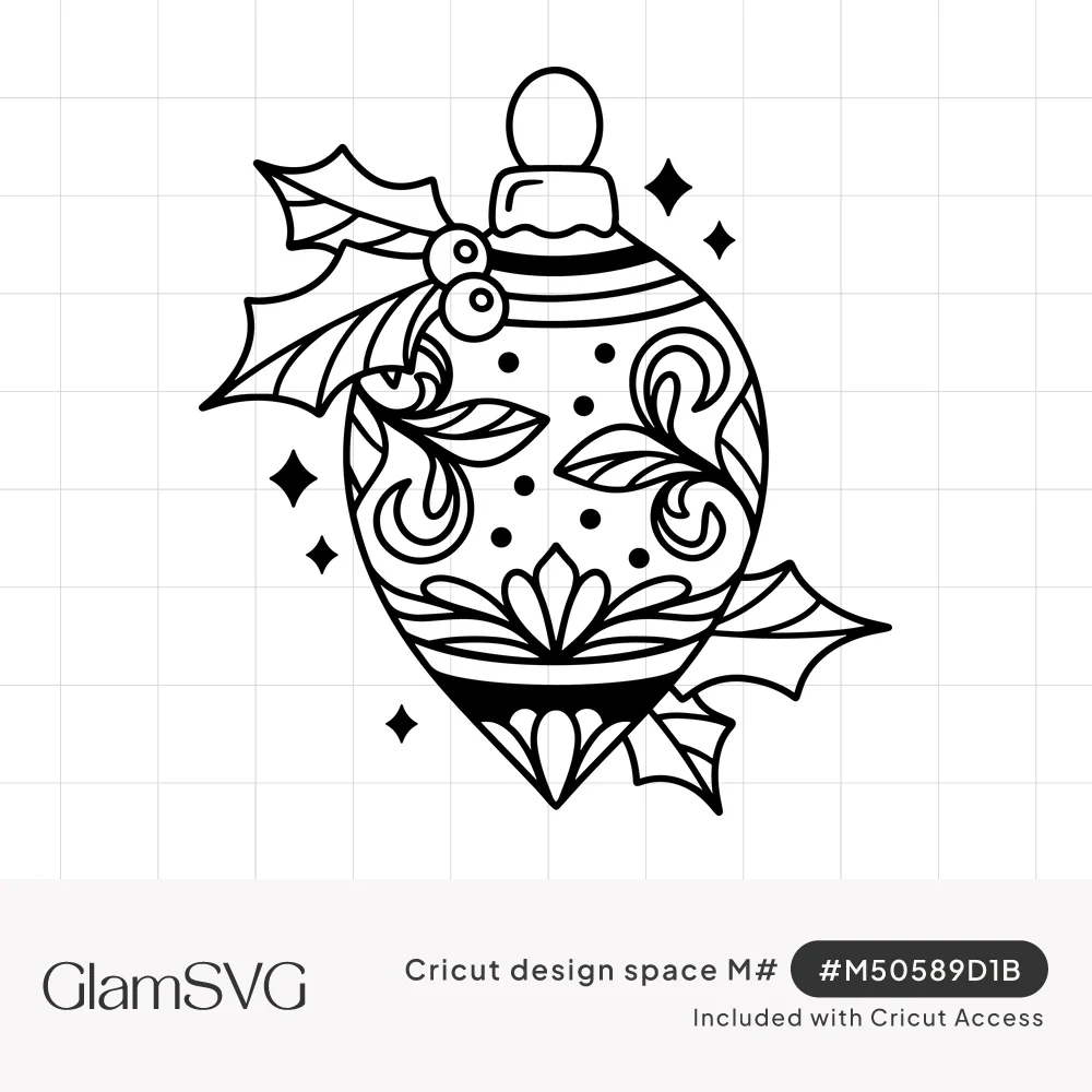 Line art teardrop Christmas ornament with folk-art swirls, leaves and dots, holly leaves, berries and sparkles