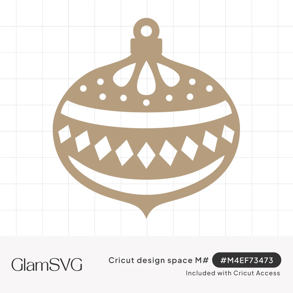 Tan Christmas bauble ornament silhouette with diamond, dot and teardrop cutouts, curved bands and a hanging loop