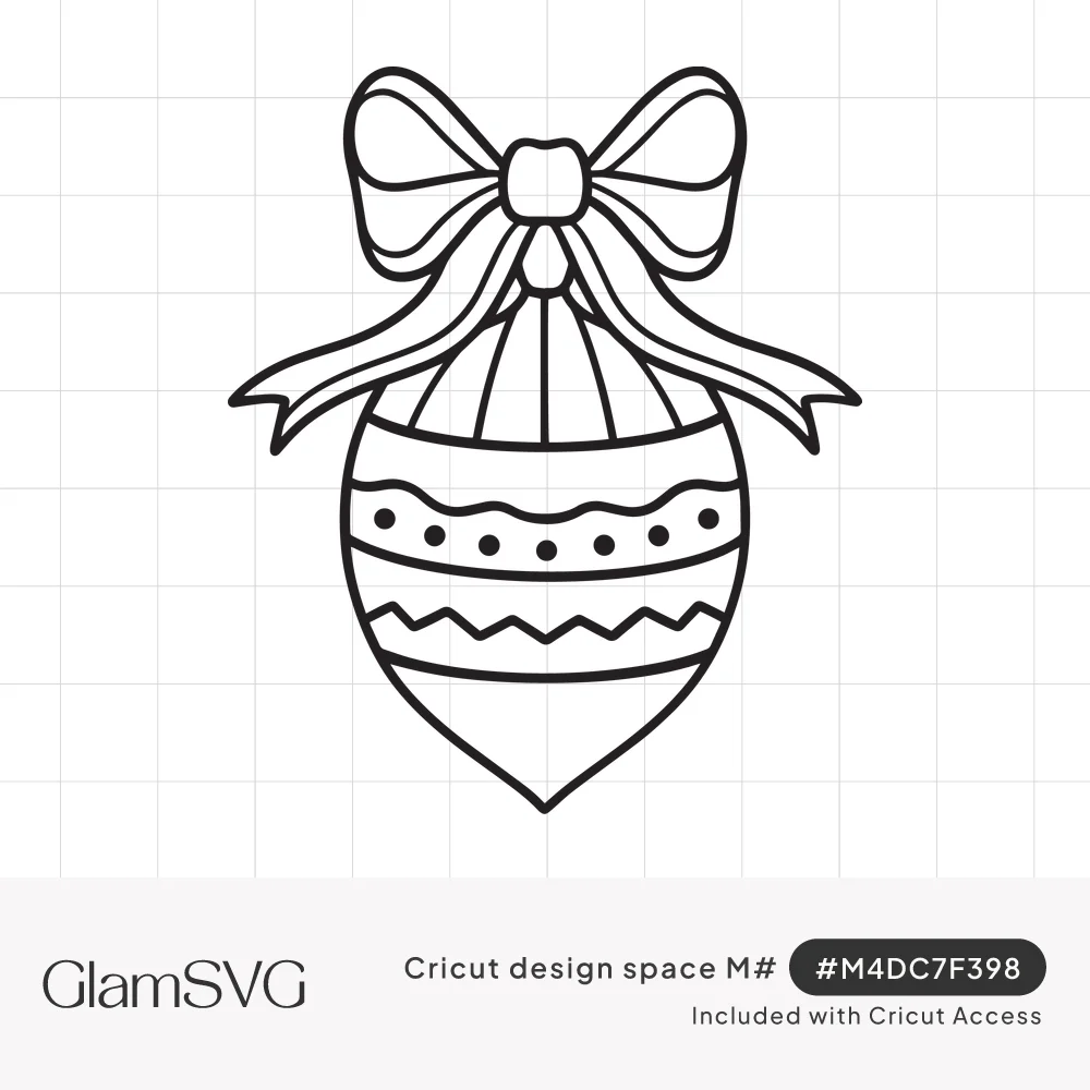 Black line art of a teardrop Christmas ornament with a large bow, ribbon tails, dots, zigzags and stripes