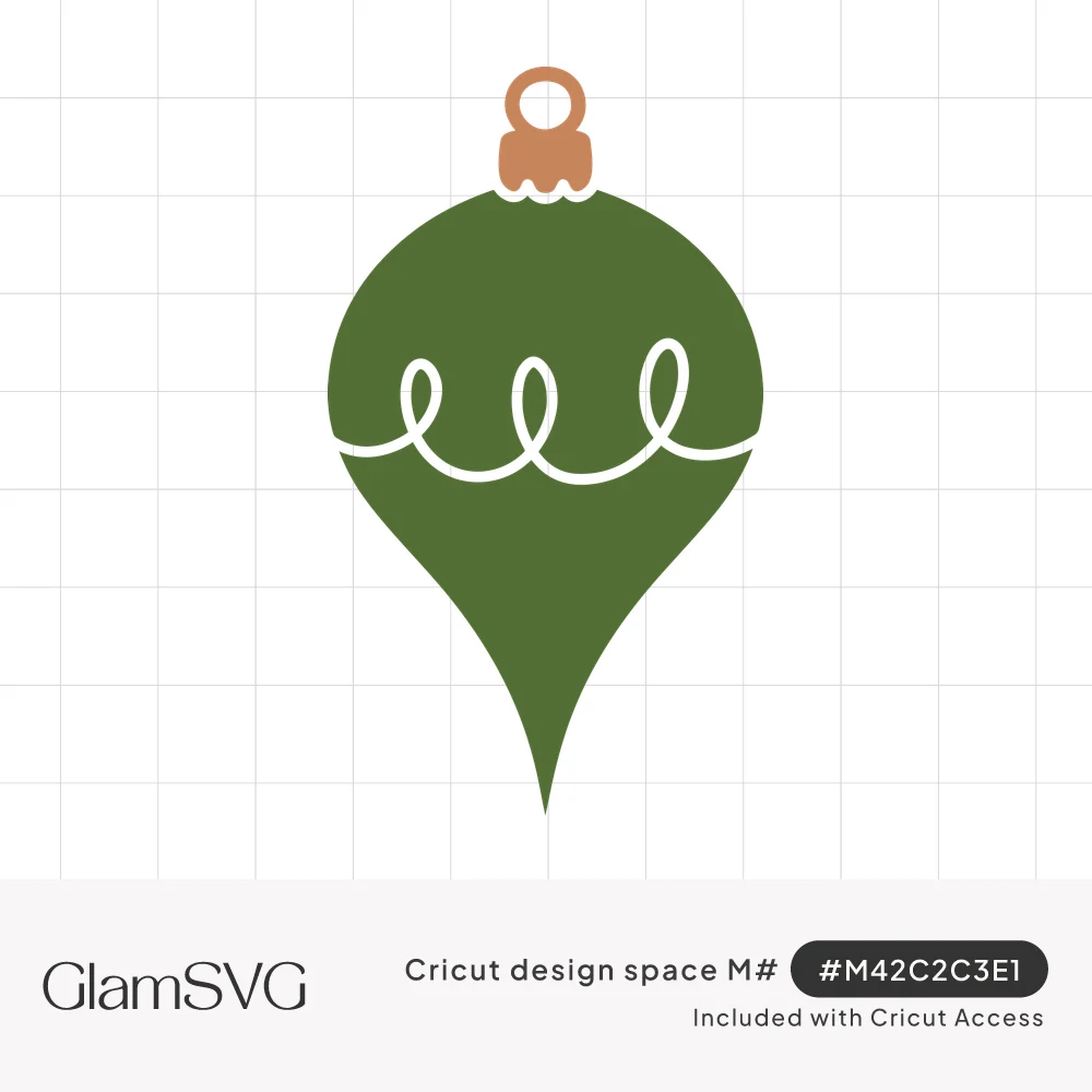 Green teardrop Christmas ornament with a copper cap and a white looping swirl across the middle