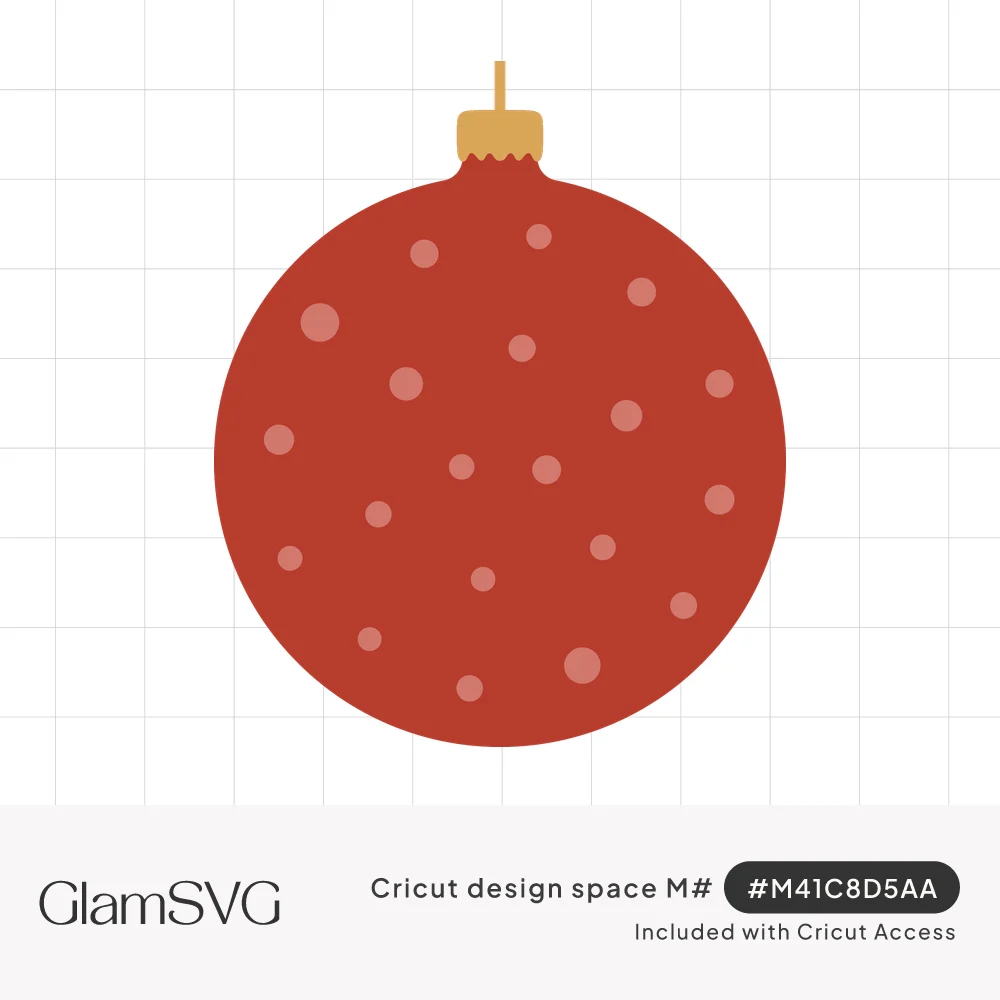 Flat illustration of a round red Christmas ornament with pale pink polka dots and a gold cap and hanger