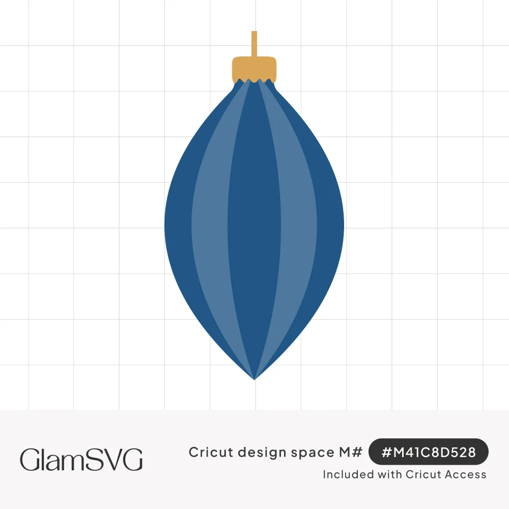Teardrop-shaped Christmas ornament with deep blue and light blue curved stripes and a gold cap and hanger