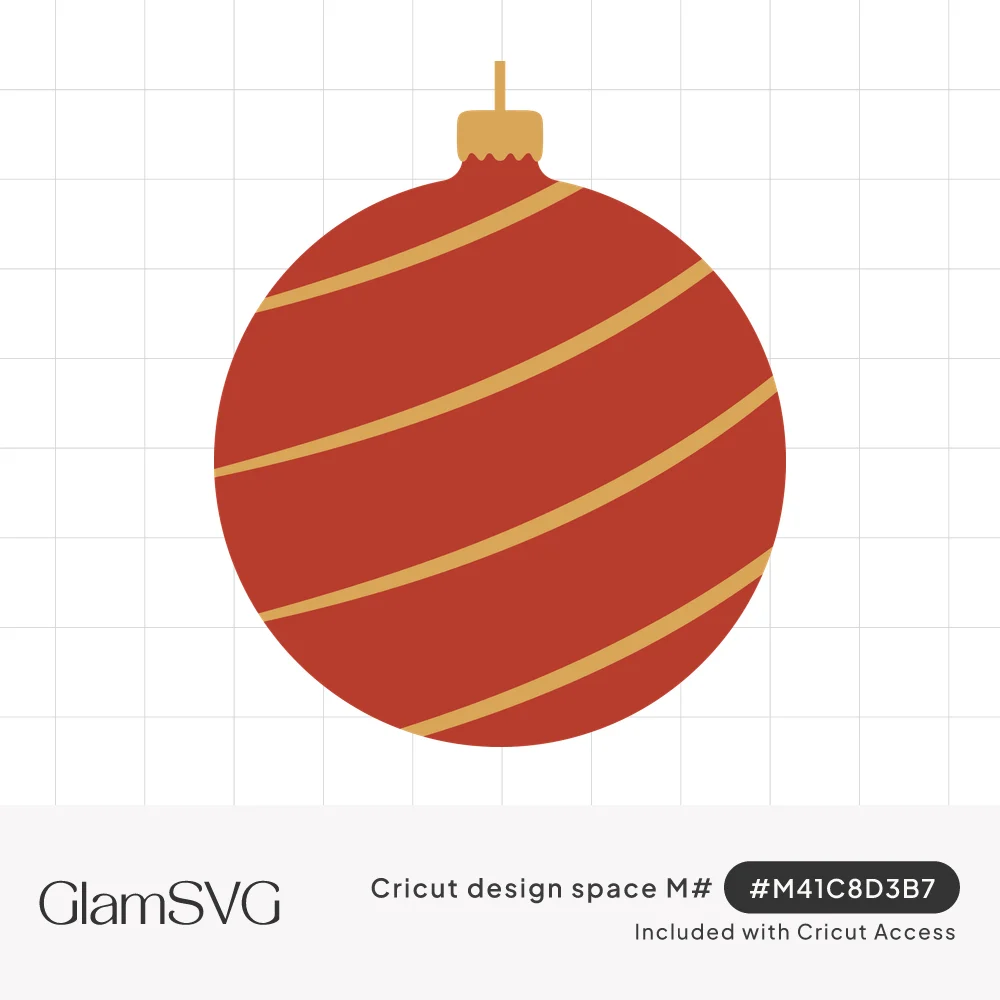Red round Christmas ornament with thin gold diagonal stripes, a gold cap and a hanging string