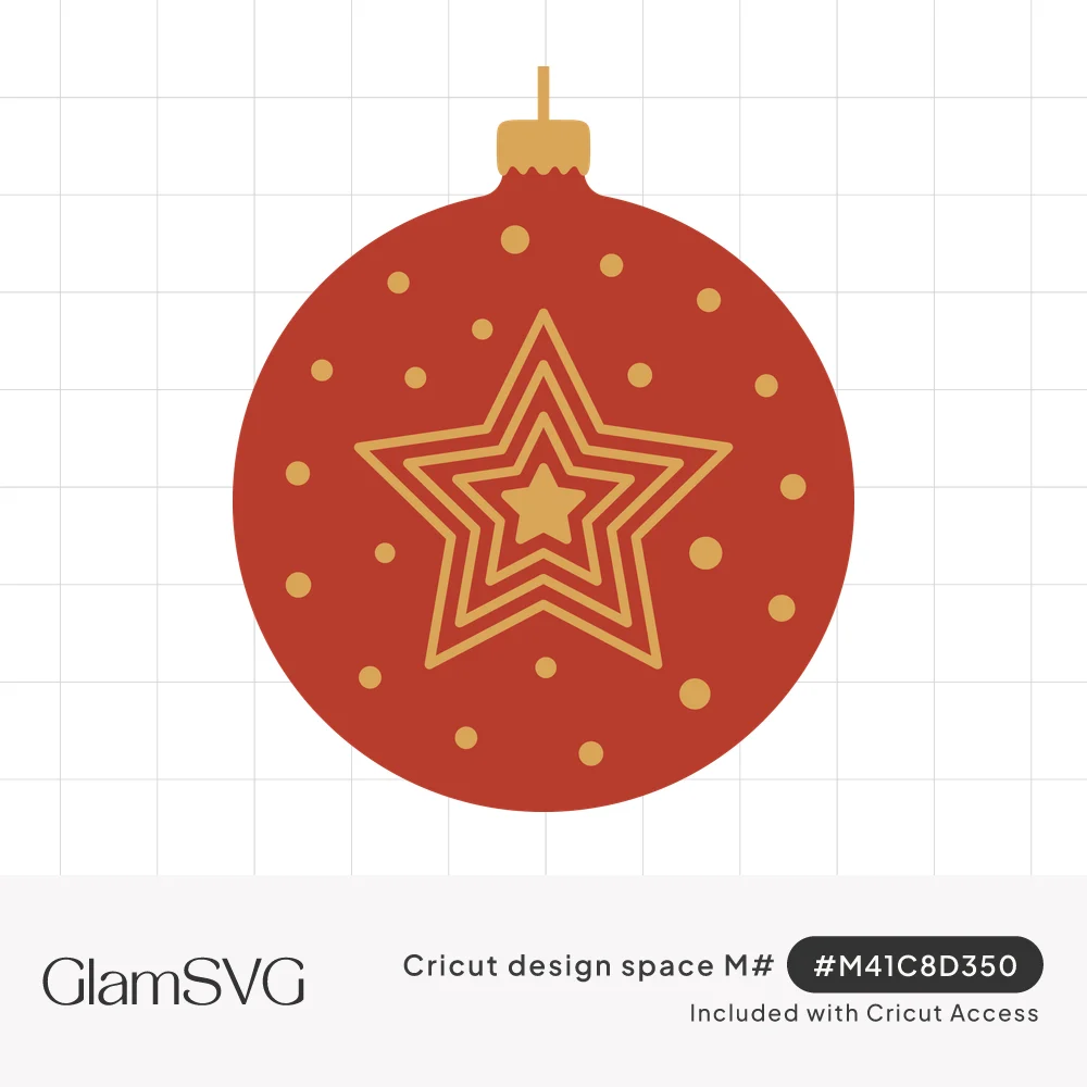 Red round Christmas ornament with nested gold star outlines, gold dots and a gold cap and hanger