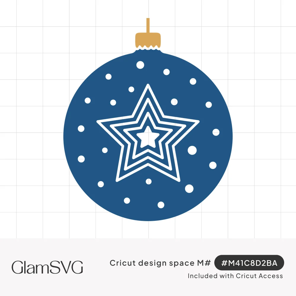 Navy blue round Christmas ornament with gold cap, white nested star design in the center and scattered white dots