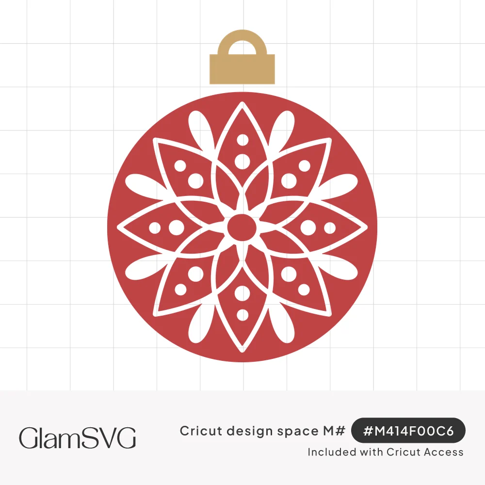 Red round Christmas ornament with a gold cap and a white snowflake-like starburst pattern with dots