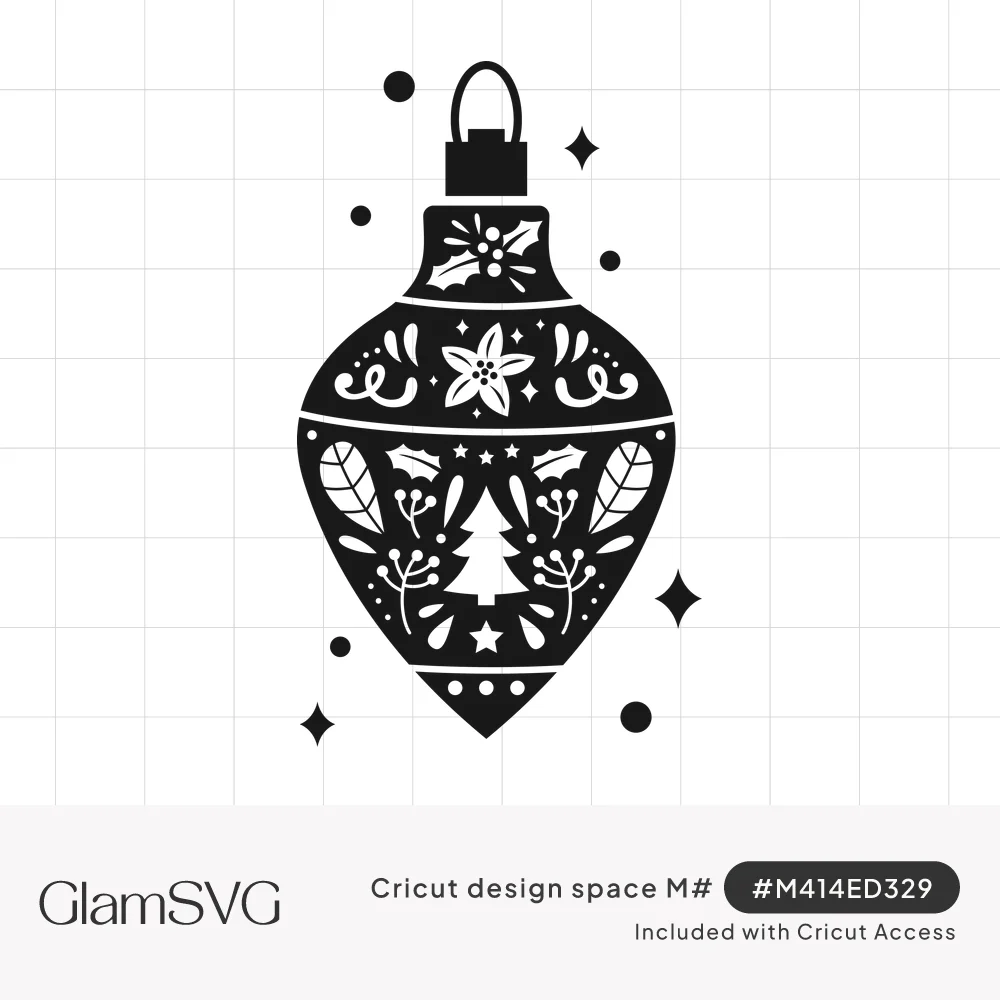 Black teardrop Christmas ornament with cutout holly, poinsettia, tree and leaf details, surrounded by sparkles and dots