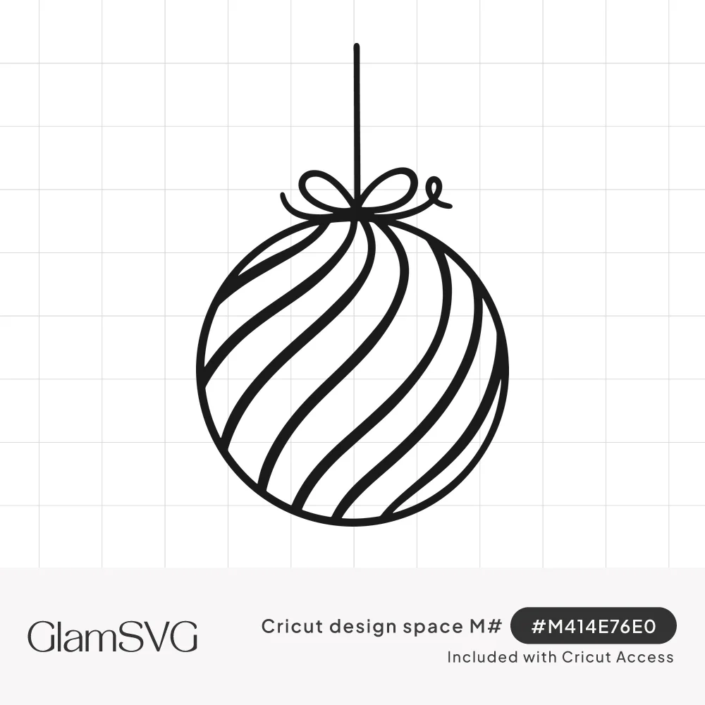 Black line drawing of a round Christmas ornament with diagonal swirl stripes, a small bow and a hanging string