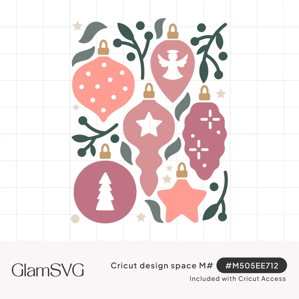 Pink and mauve Christmas ornaments with angel, star, snowflake and tree cutouts surrounded by green berry sprigs