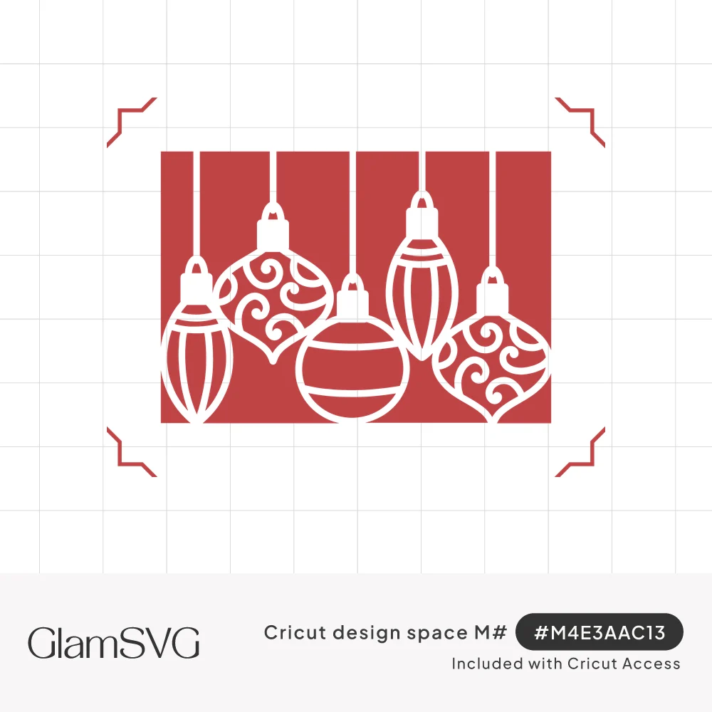 Five white Christmas ornaments with swirl and stripe details hanging on strings, cut out of a red rectangular panel
