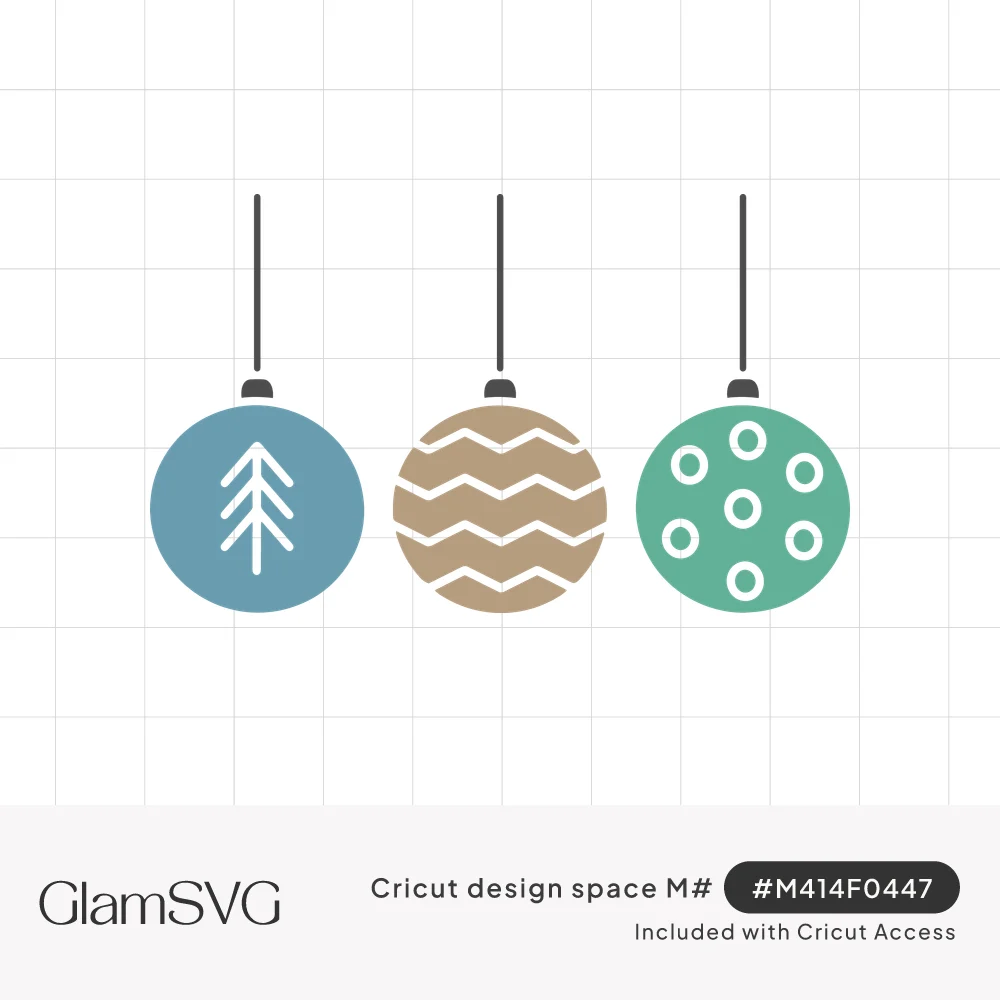 Three hanging Christmas ornaments in blue, tan and green with white pine tree, zigzag and circle patterns