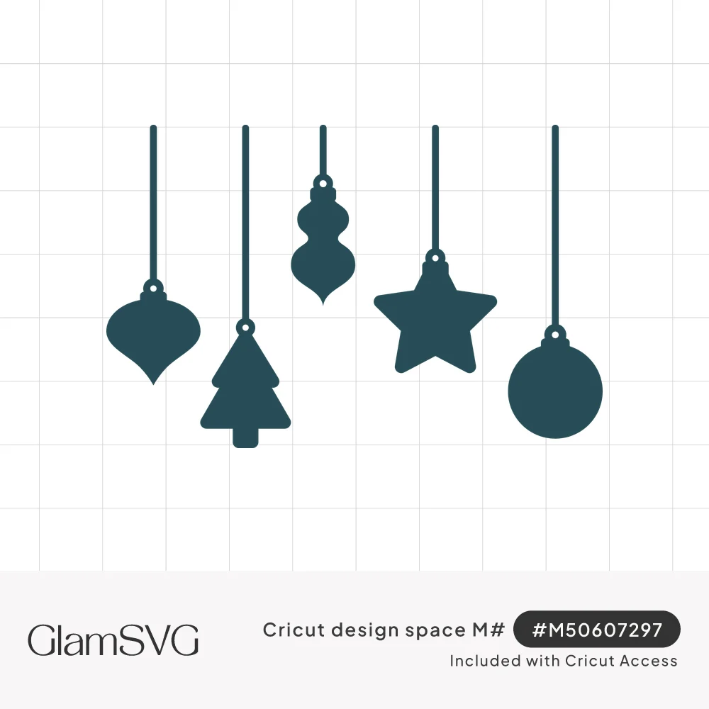 Five dark teal hanging Christmas ornament silhouettes: teardrop, tree, finial, star and round bauble on strings