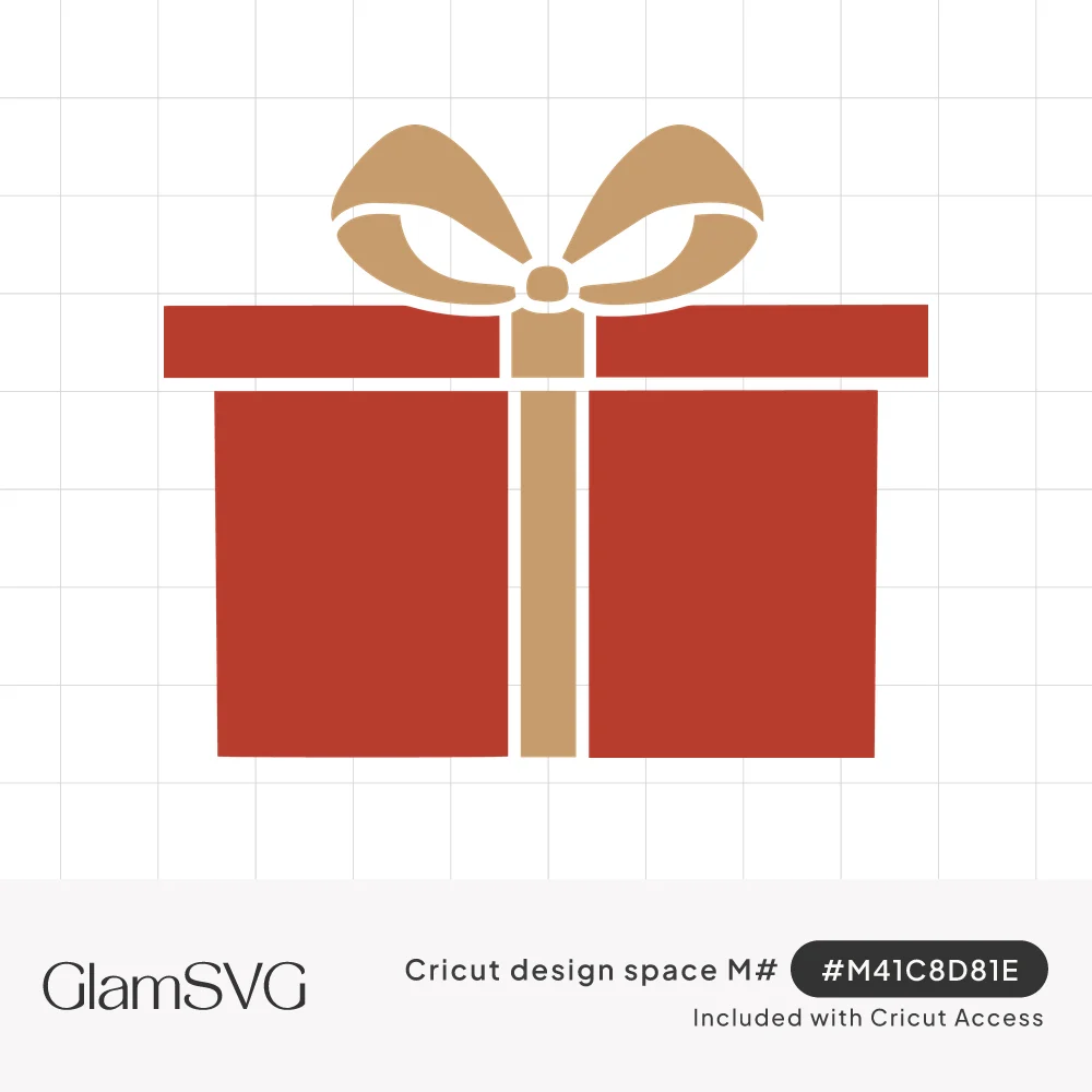Red wrapped gift box with a tan ribbon down the middle and a looped bow on top