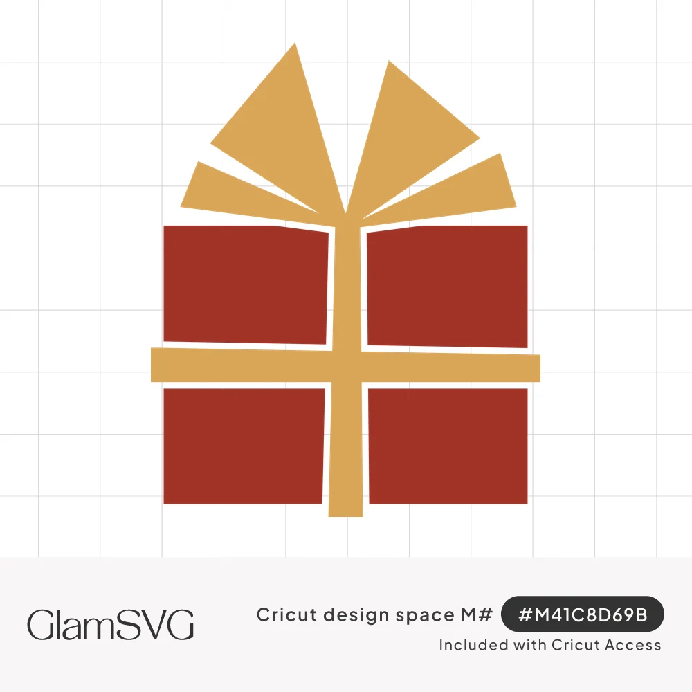 Red square gift box with a gold ribbon crossing the center and a pointed, angular gold bow on top