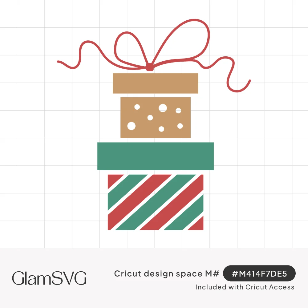 Two stacked Christmas gift boxes, a gold polka dot box over a red and green striped box, topped with a curly red bow