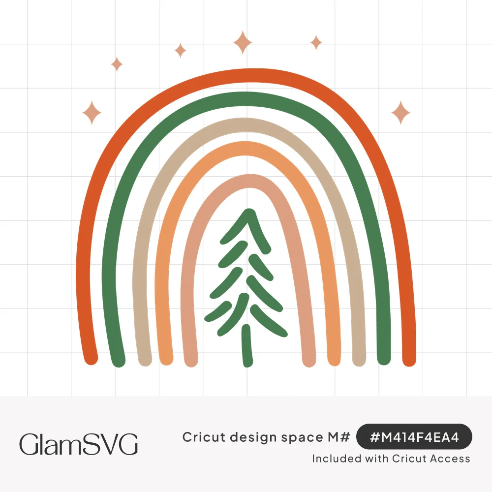 Boho rainbow in rust orange, green, tan and peach arching over a simple green pine tree with small sparkles above