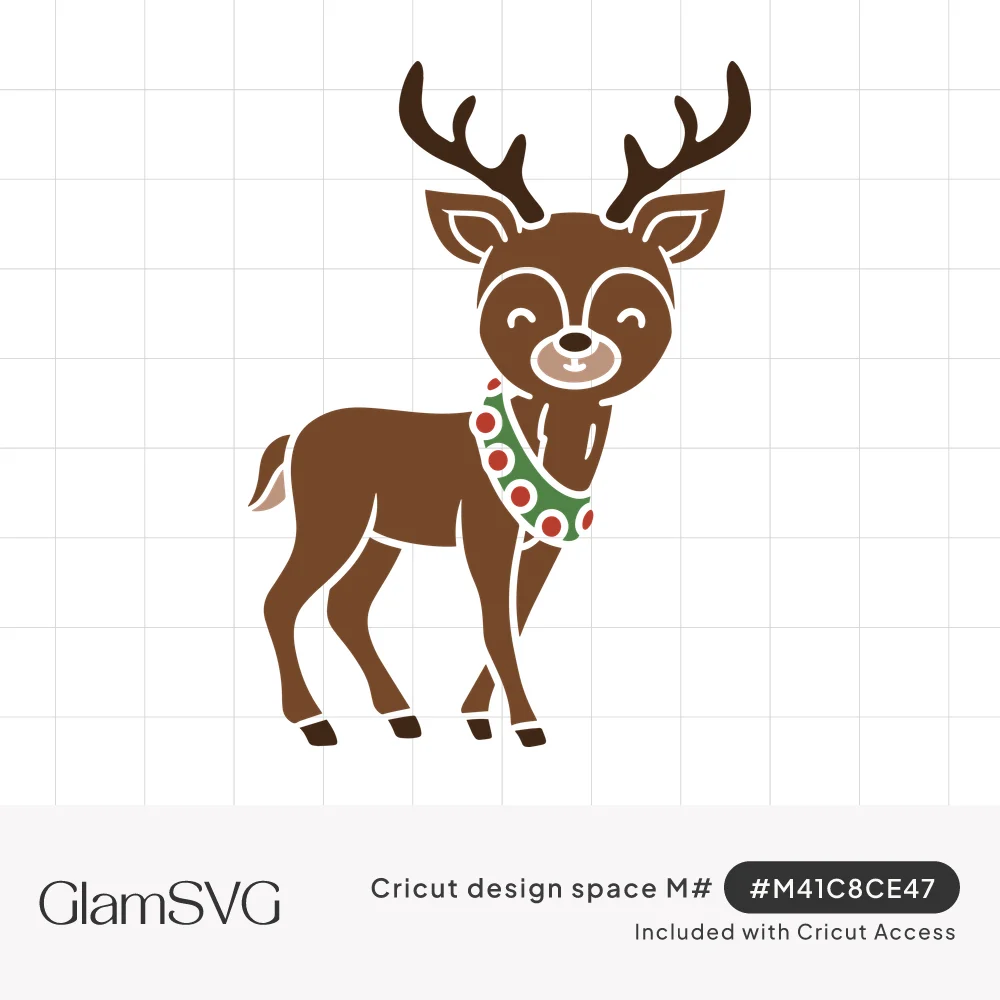 Cute smiling brown reindeer with tall antlers wearing a green collar with red jingle bells