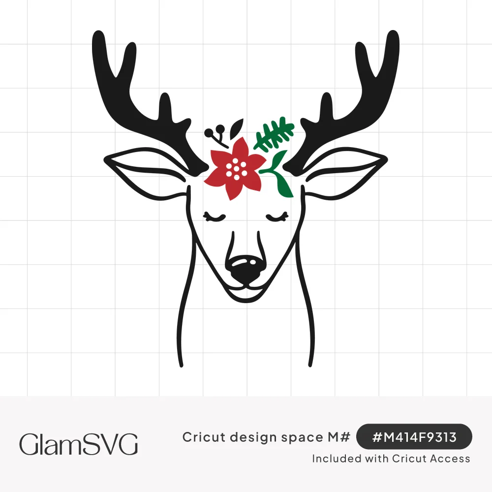 Line art reindeer face with closed eyes, black antlers and a red poinsettia with green evergreen sprigs on its head
