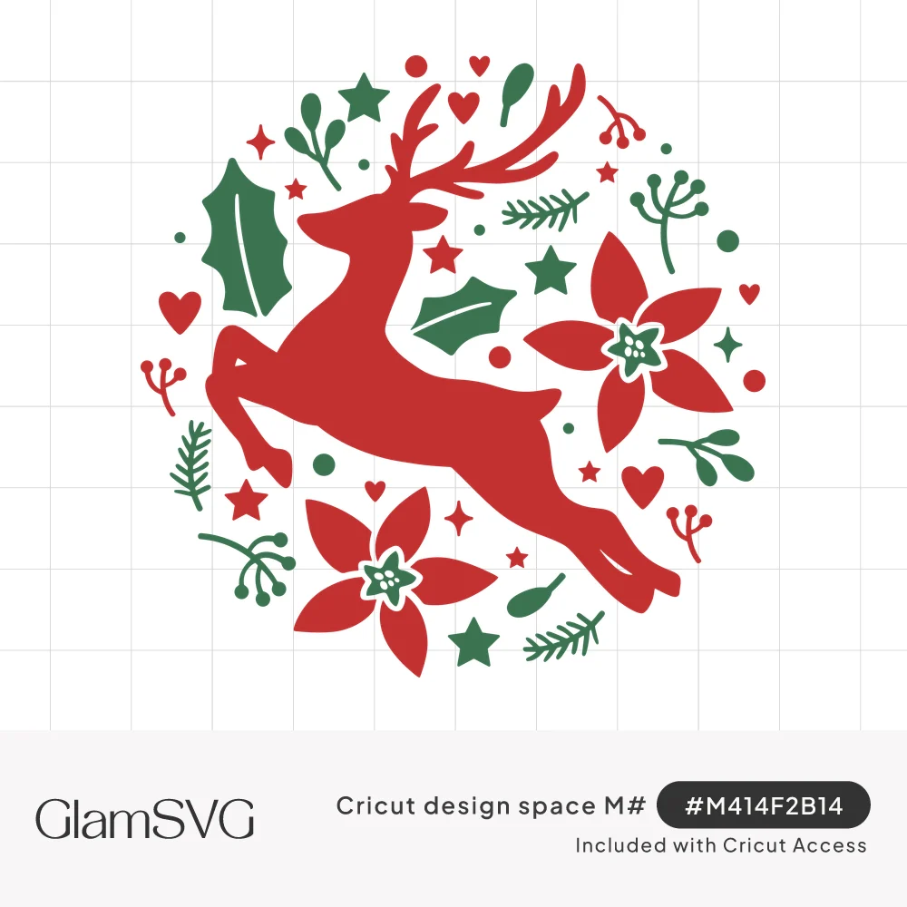 Red leaping reindeer silhouette surrounded by poinsettias, holly, stars, hearts and berry sprigs in a round red and green lay