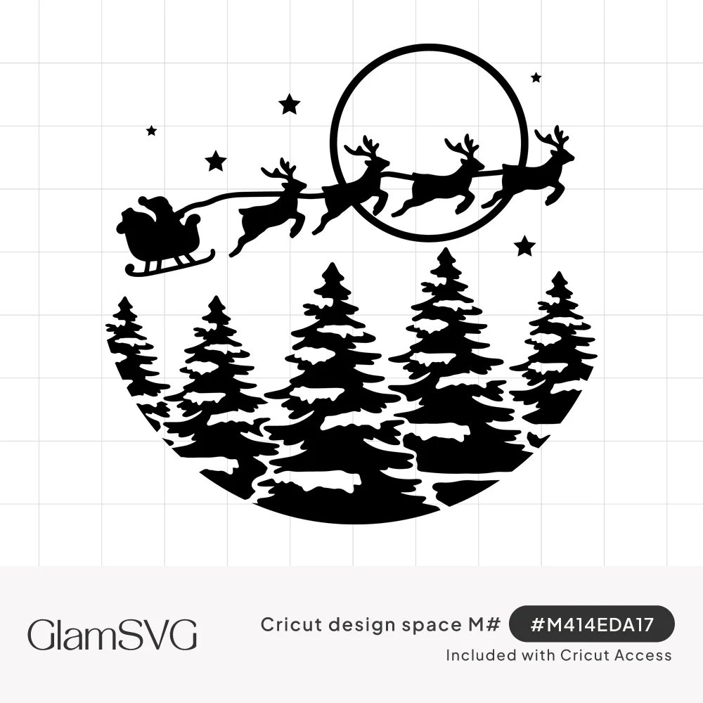 Silhouette of Santa's sleigh and reindeer flying past a full moon and stars above snow-covered pine trees