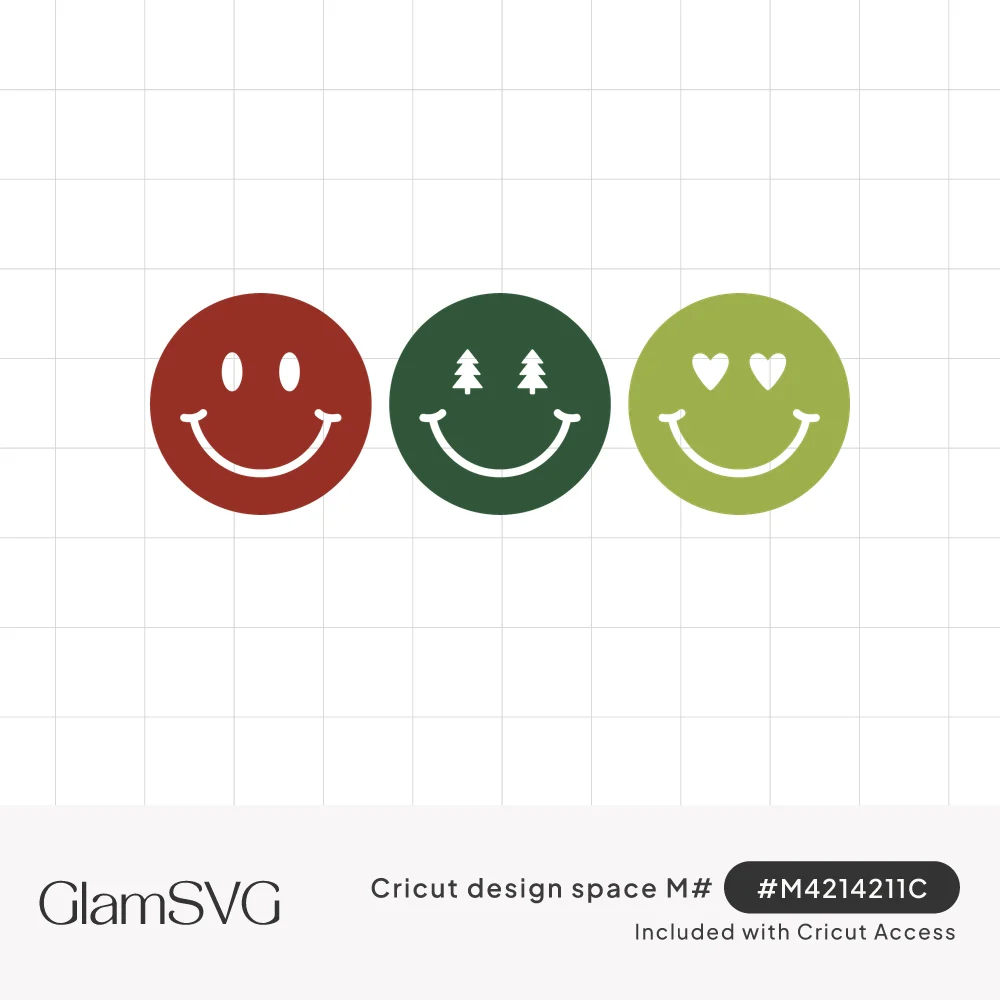 Three smiley faces in red, dark green and light green, with oval eyes, Christmas tree eyes and heart eyes