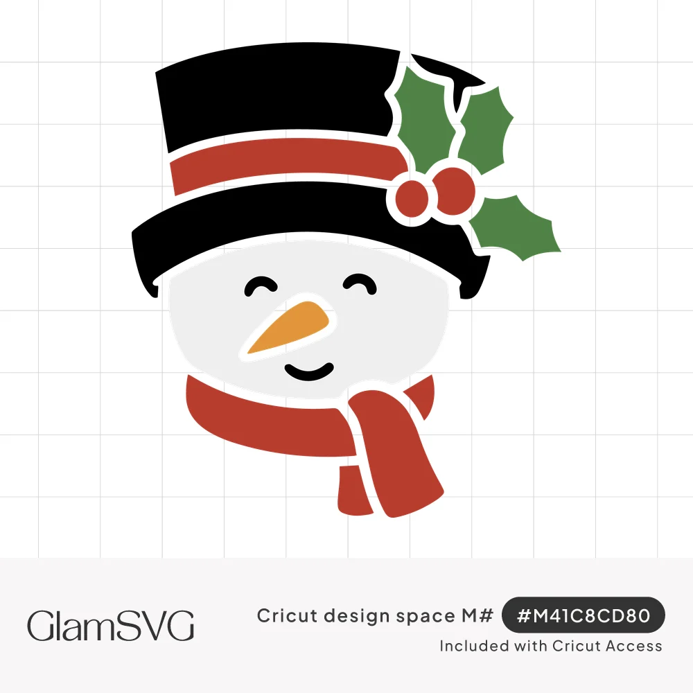 Smiling snowman face with carrot nose, black top hat with red band and holly berries, and a red scarf