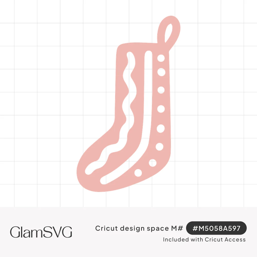 Pink Christmas stocking silhouette with hanging loop and cut-out wavy line, straight stripe and row of dots