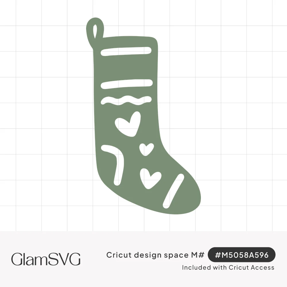 Sage green Christmas stocking silhouette with a hanging loop and cut-out hearts, stripes and a wavy line