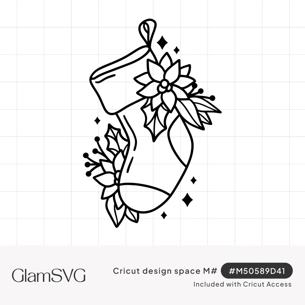 Black outline drawing of a hanging Christmas stocking with a poinsettia, holly leaves, berries and small sparkles