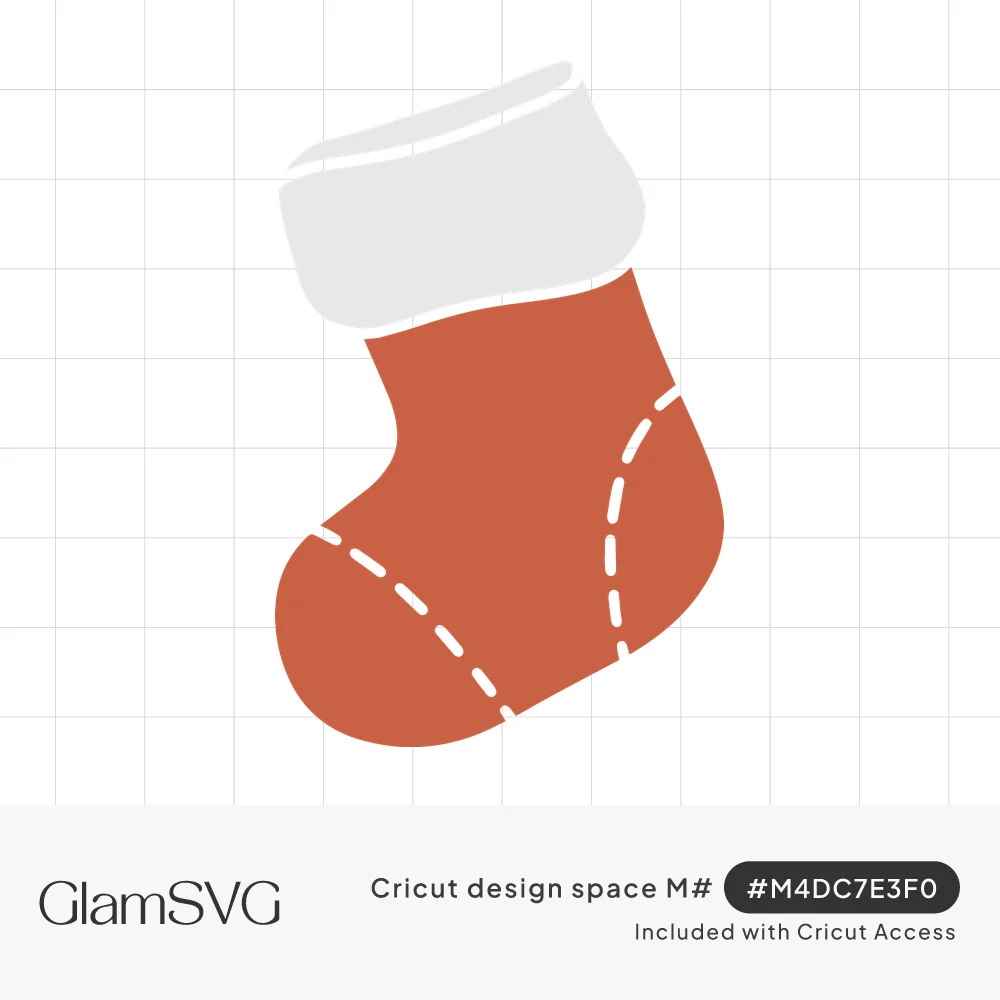 Rust-red Christmas stocking illustration with a white fluffy cuff and dashed stitch lines at the toe and heel
