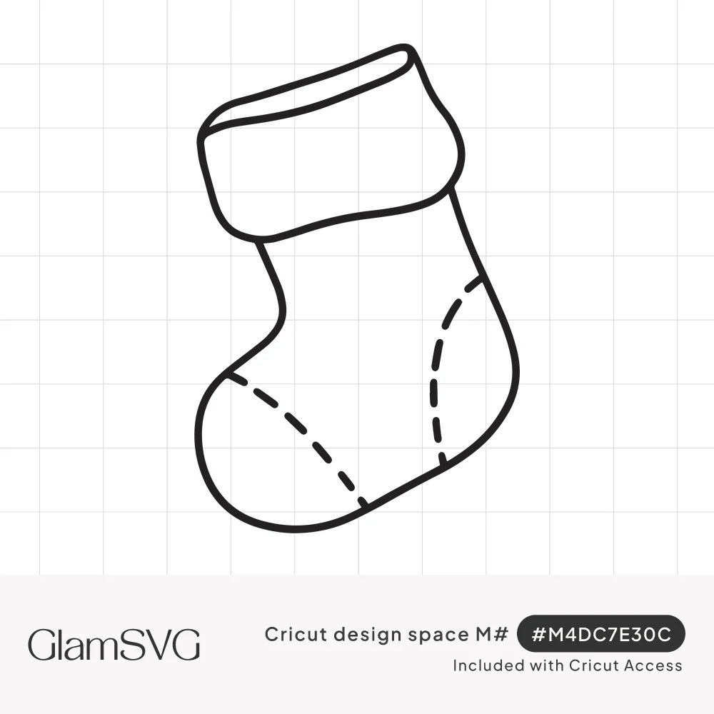 Black line drawing of a Christmas stocking with a folded cuff and dashed stitch lines at the heel and toe