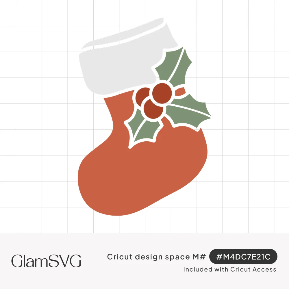 Red Christmas stocking with a white cuff and green holly leaves with red berries