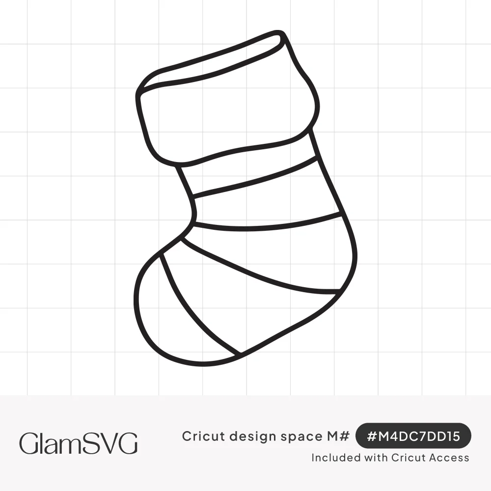 Black outline drawing of a Christmas stocking with a folded cuff and striped bands on a white background