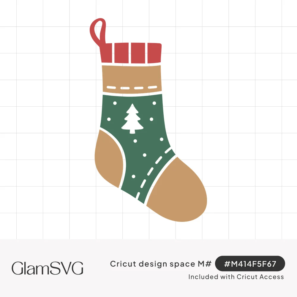 Christmas stocking with red striped cuff, tan stitched band, green body with snow dots and white pine tree, tan heel and toe
