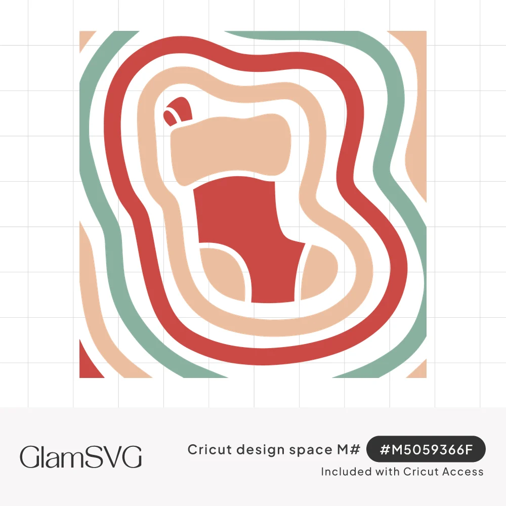 Red and peach Christmas stocking surrounded by wavy concentric ripples in red, peach and sage green in a groovy retro style