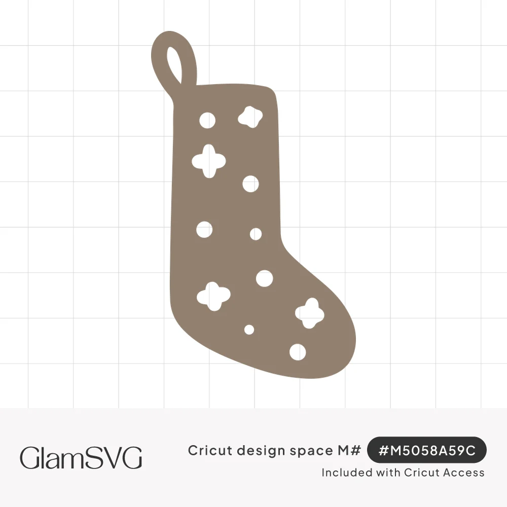 Taupe Christmas stocking silhouette with a hanging loop and scattered cut-out dots and four-petal cross shapes