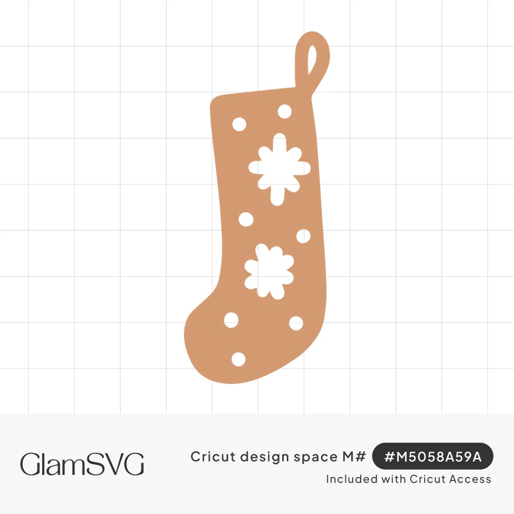 Caramel-colored Christmas stocking silhouette with a hanging loop, two cutout snowflakes and scattered cutout dots