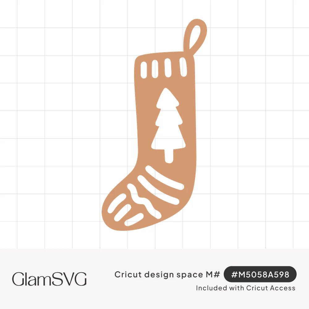 Tan Christmas stocking silhouette with a cut-out pine tree, ribbed cuff, striped toe and hanging loop