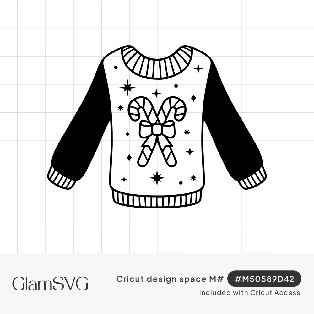 Black and white line drawing of a Christmas sweater with crossed candy canes, a bow and stars, black sleeves and ribbed cuffs