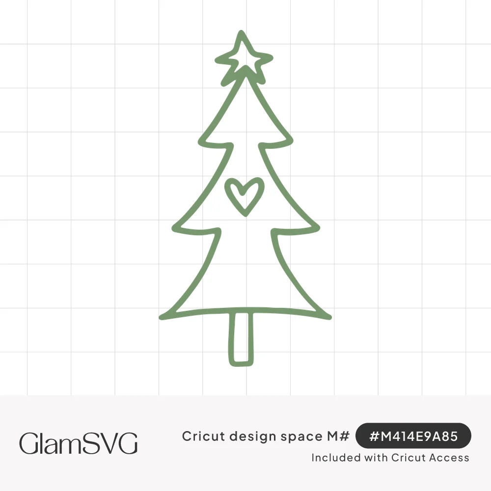 Line drawing of a tiered Christmas tree with a star on top, a small heart in the middle and a short trunk