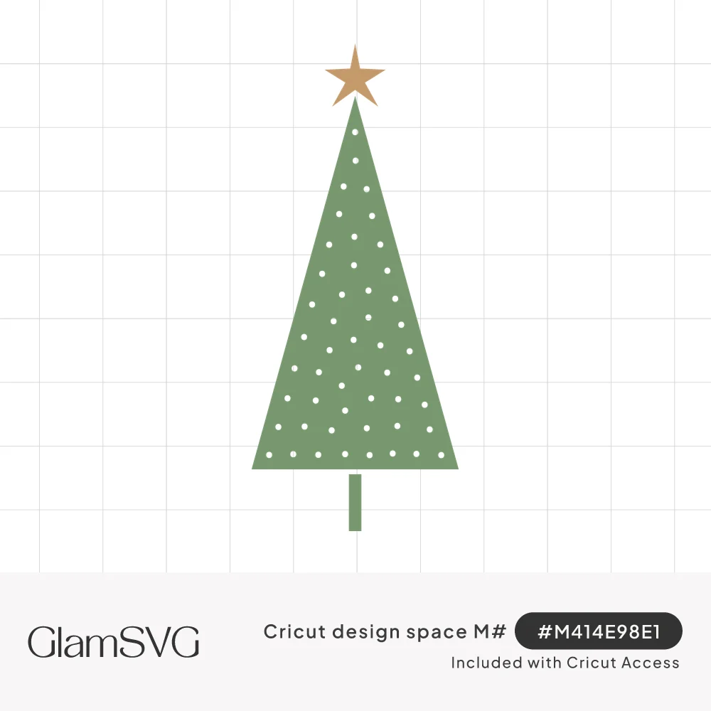 Minimalist green triangle Christmas tree with white polka dots, a gold star on top and a thin trunk