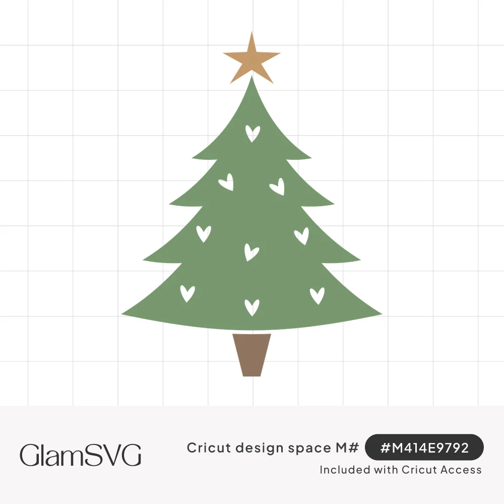 Sage green Christmas tree with a gold star on top, small white hearts on the branches and a brown trunk