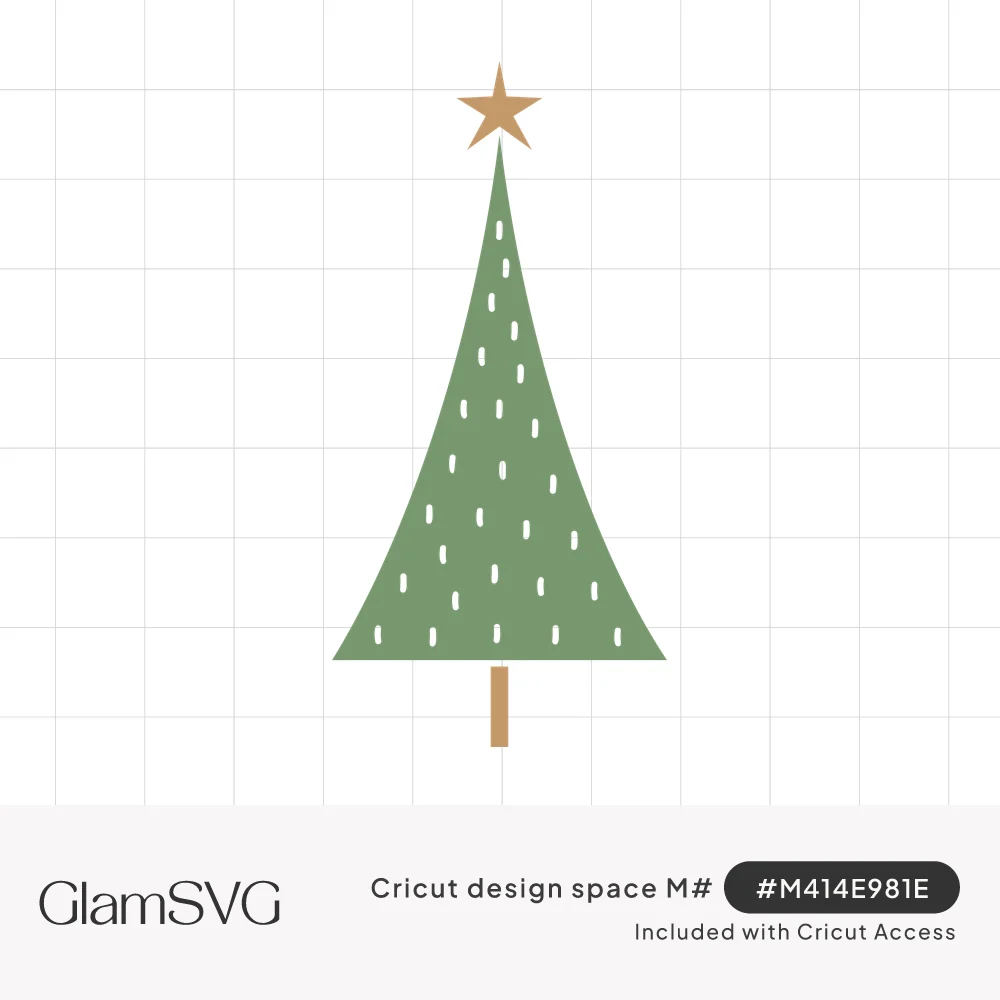 Tall slim sage green Christmas tree with curved flared sides, white dash marks, a gold star on top and a thin tan trunk