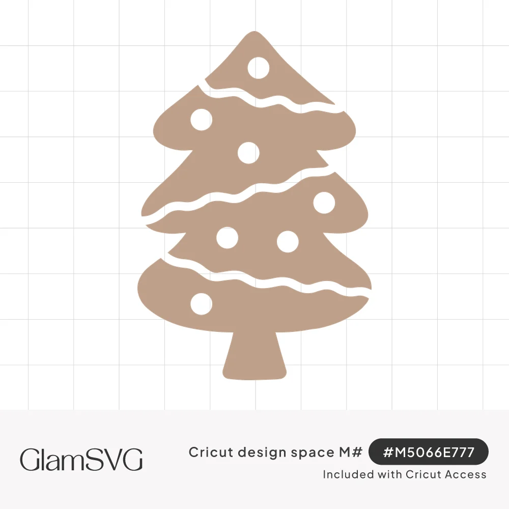 Tan gingerbread cookie Christmas tree with wavy white icing lines and round ornament cutouts on a short trunk