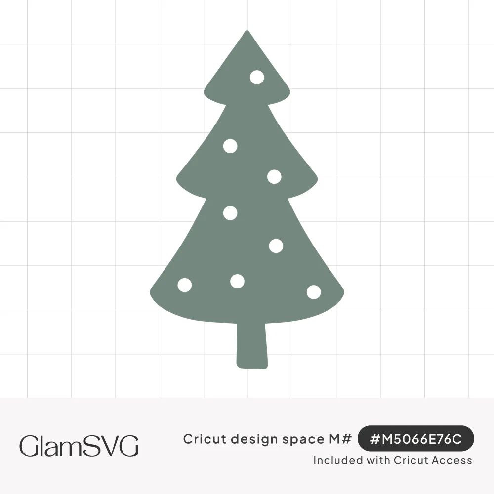 Sage green Christmas tree silhouette with three tiers, small round cutout dots as ornaments, and a narrow trunk