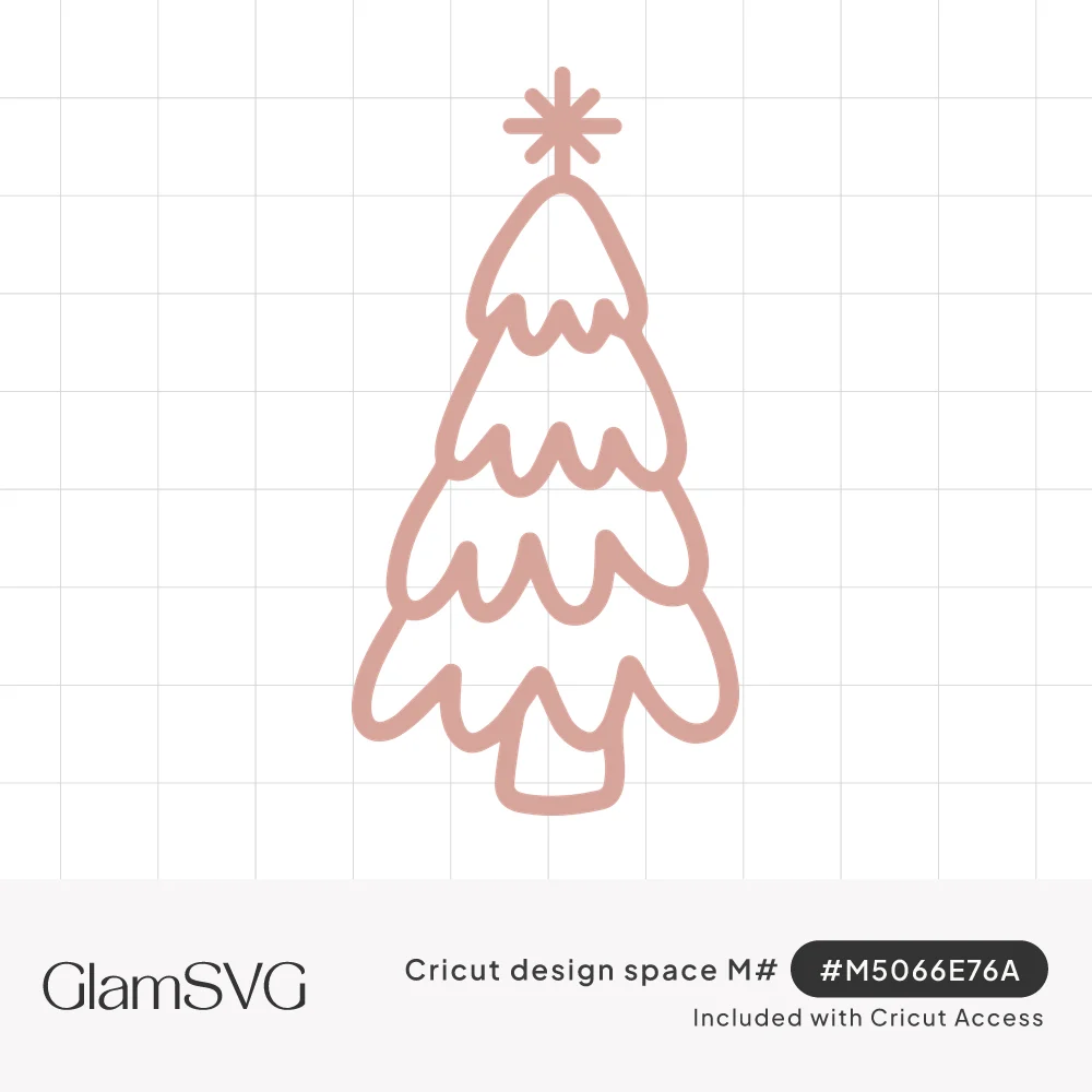 Pink outline drawing of a Christmas tree with wavy scalloped tiers, a small trunk and a starburst star on top