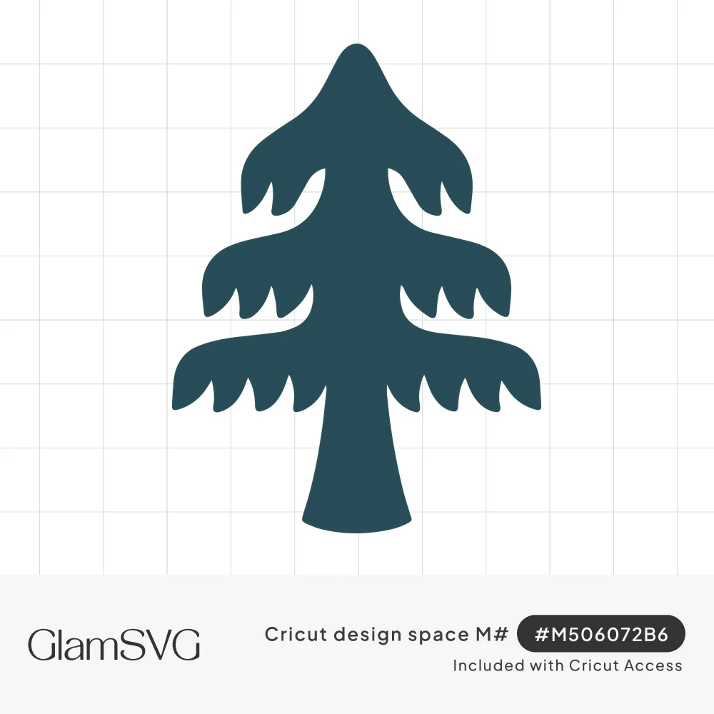 Dark teal silhouette of an evergreen pine tree with three tiers of drooping, fringed branches and a tapered trunk